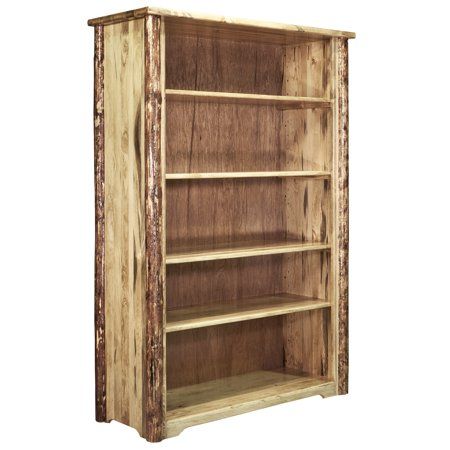 a wooden bookcase with three shelves on each side