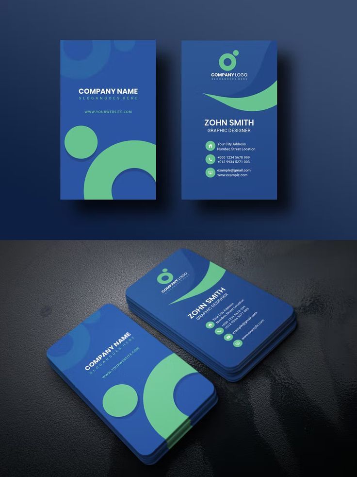 two business cards with green and blue circles on them, one is for company name