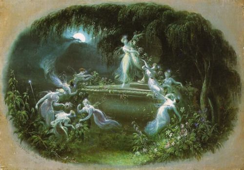 an image of a woman surrounded by other women in the forest with moonlight behind her