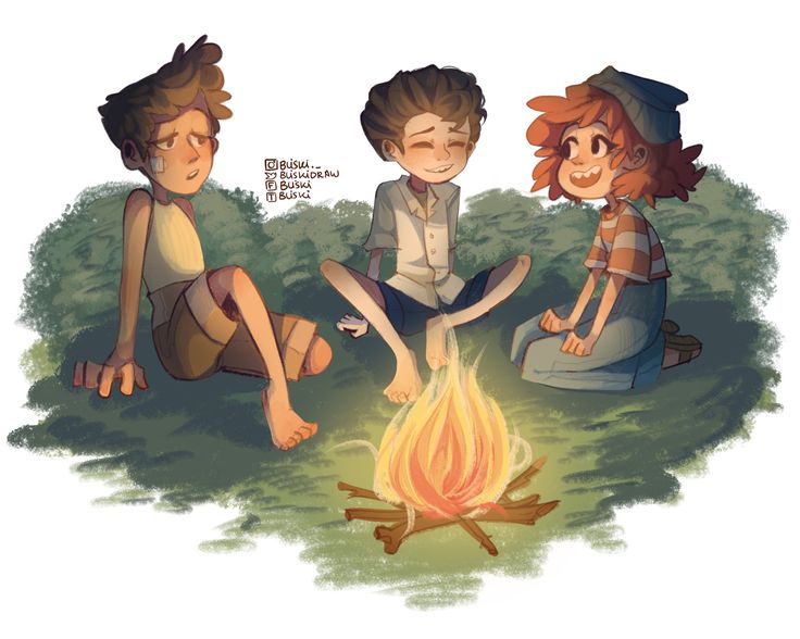 three children sitting around a campfire with their feet on the ground, and one boy is