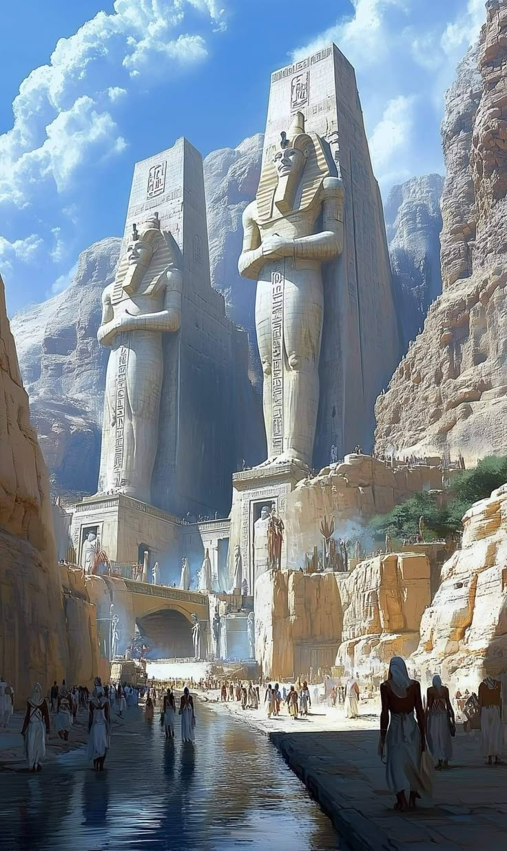 some people are walking around in front of two large sphinx statues on the side of a mountain