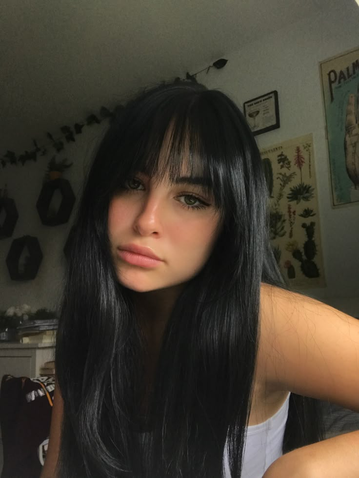 @isabel.reyn on instagram Fringe Bangs Dark Hair, Straight Bangs Black Hair, Bangs With Black Long Hair, Black Hair Long Bangs, Long Black Hair With Bangs Straight, Black Hair With Long Bangs, Black Hair Woman Aesthetic, Long Dark Hair Bangs, Bangs On Dark Hair