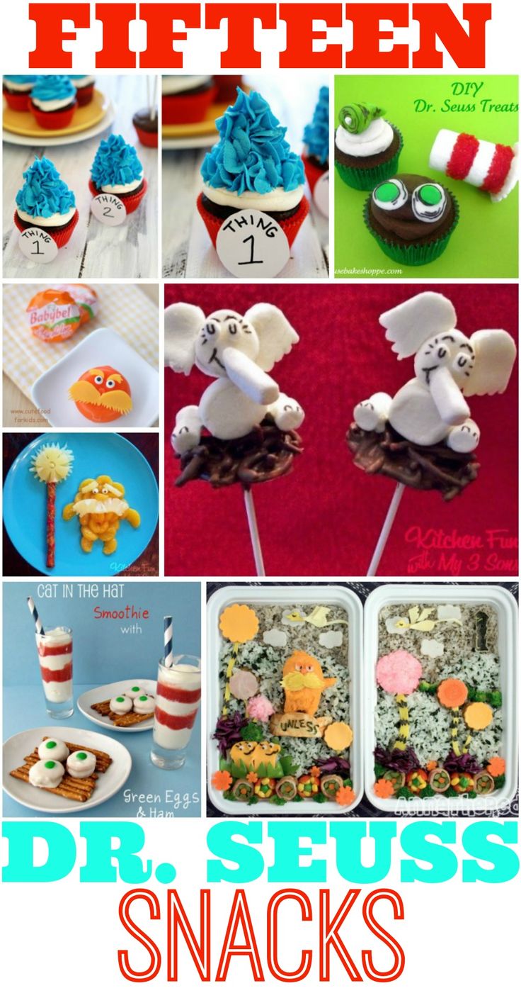 there are many pictures of different foods and desserts in this collage with the words dr seuss's snacks