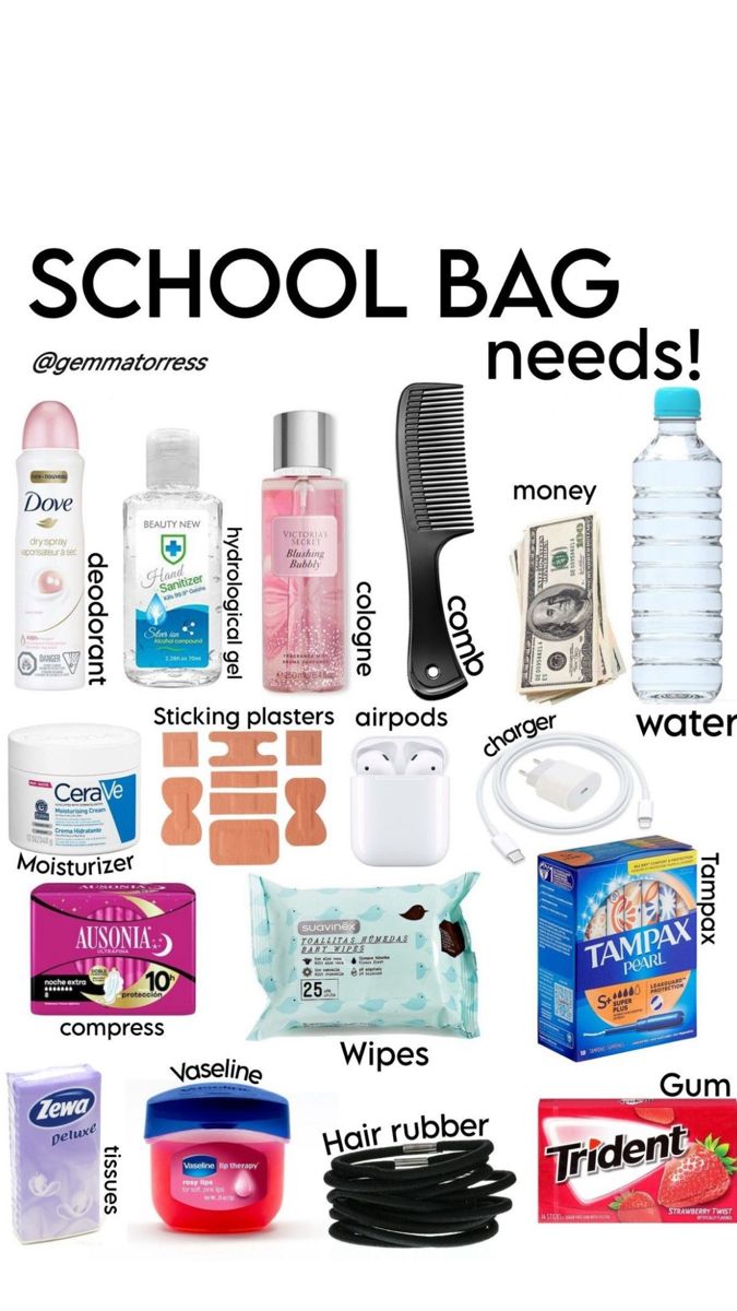 School Emergency Kit For 7th Grade, How To Make Your School Bag Aesthetic, Essentials For College Freshman Year, School Beauty Bag, Middle School Essentials 7th Grade, What To Pack In Your School Bag Year 7, Backpack Essentials Travel, Backpacks For High School Aesthetic, Toiletry Bag For School