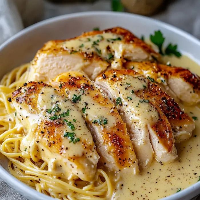 chicken with sauce and parmesan in a white bowl