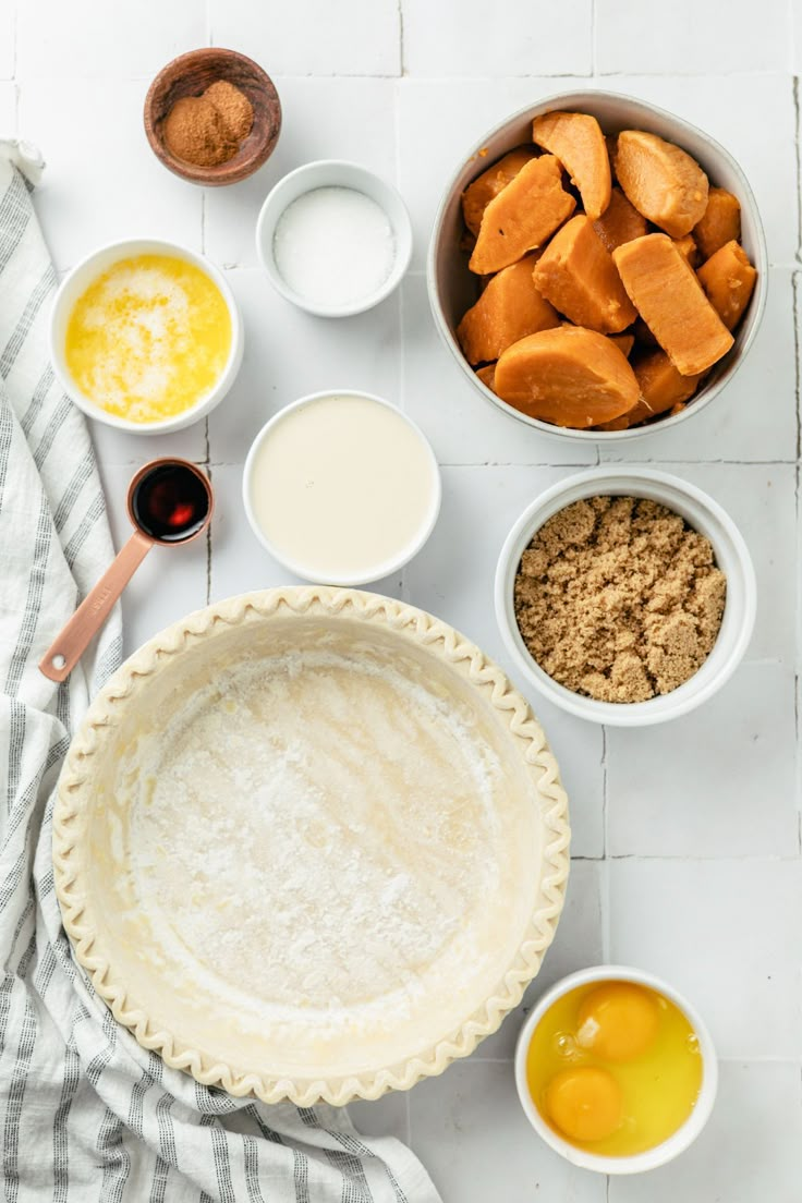 an overhead view of pie ingredients in bowls