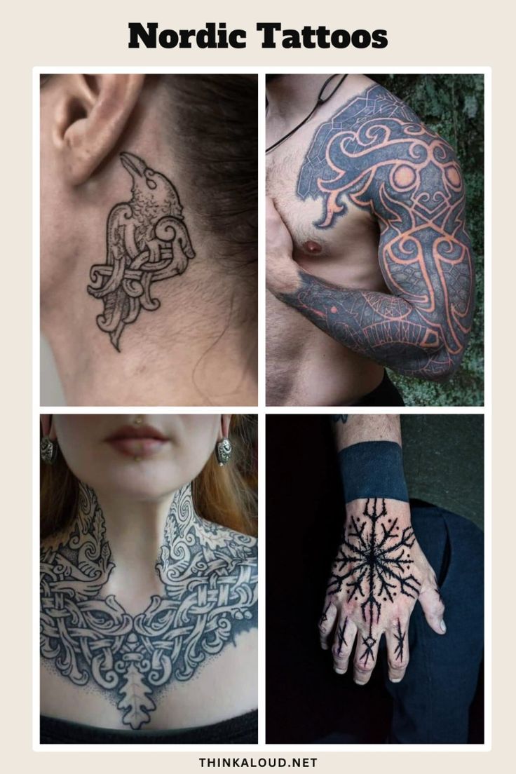 four different tattoos on the neck and chest, one with an intricate design in black ink