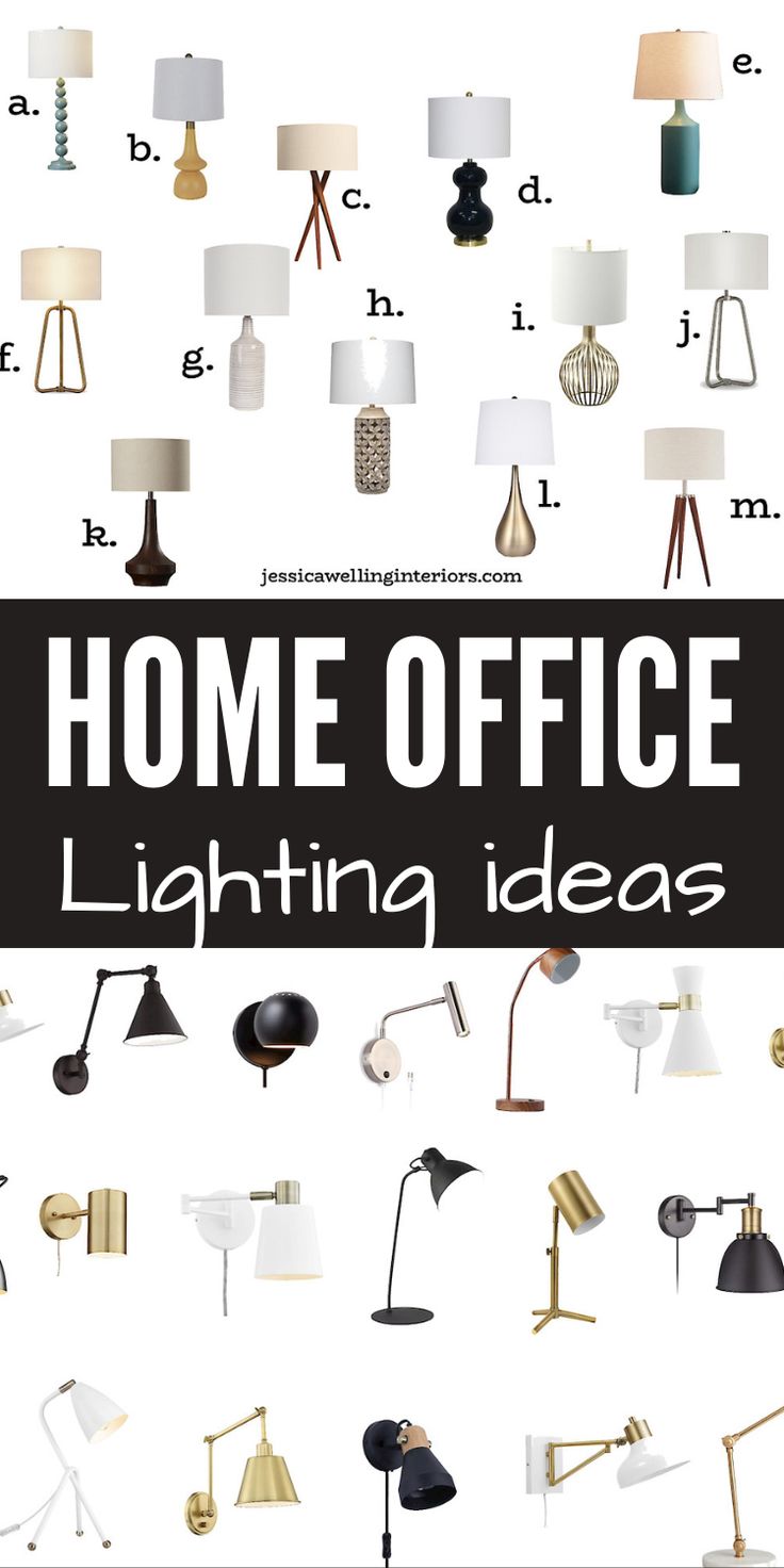 an advertisement for home office lighting ideas, featuring lamps and lamps on white paper with black lettering