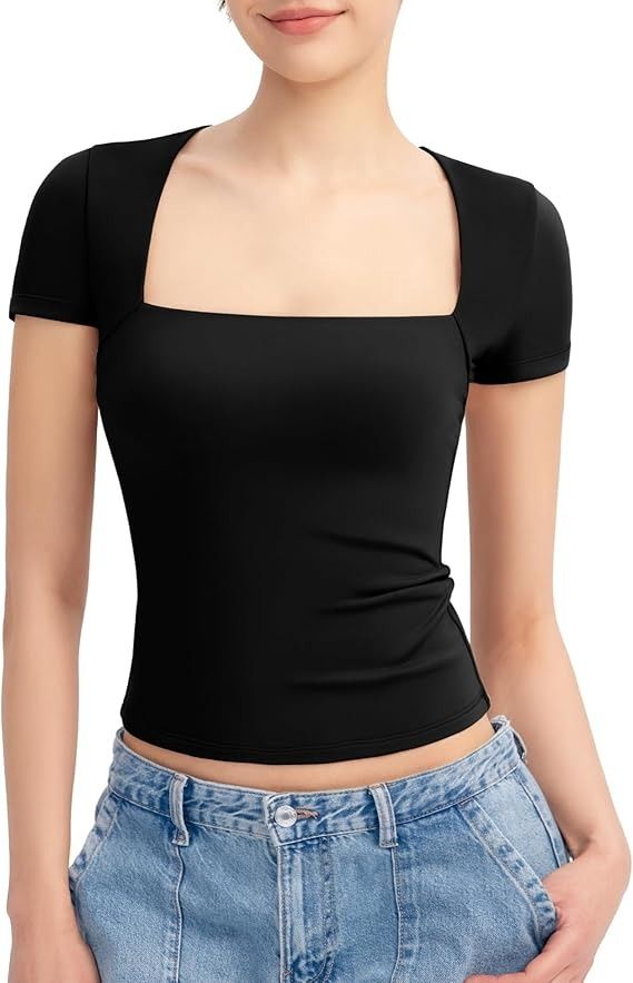 PUMIEY Short Sleeve T Shirts for Women Square Neck Top Sexy Going Out Tops Slim Fit Tee Shirt, Jet Black X-Large at Amazon Women’s Clothing store Basic Wardrobe Essentials, Women Crop Top, Tops Short Sleeve, Slim Fit Top, Chic Top, Going Out Tops, Slim Fit Shorts, Solid Clothes, Basic Tee