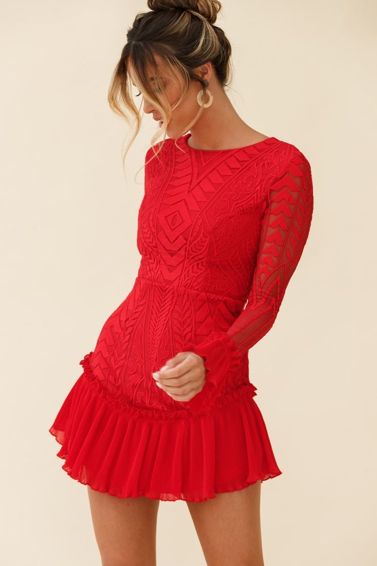 Dreamy Long Sleeve Mini Dress Red by Selfie Leslie Long Sleeve Ruffle Dress, Mini Dress Red, Long Sleeve Style, Pleated Chiffon, Dreamy Dress, Romantic Dinner, Clothing Tags, So In Love, Red Mini Dress