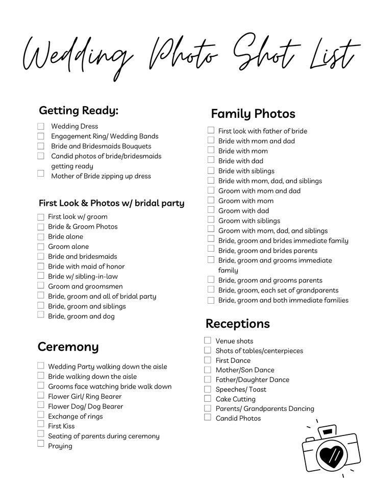 the wedding photo checklist is shown in black and white