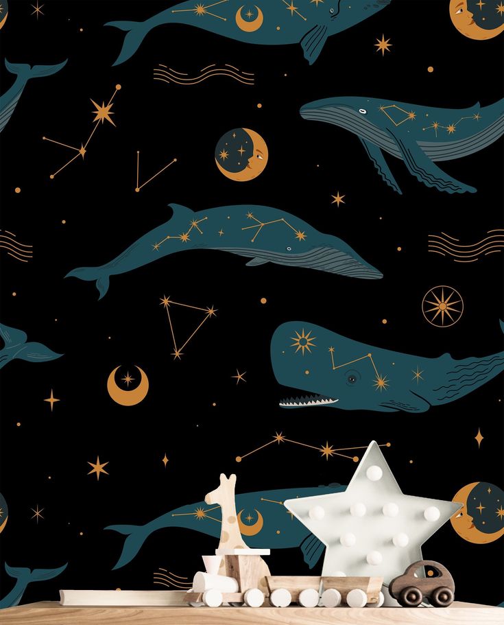 a night sky with stars and whales on it