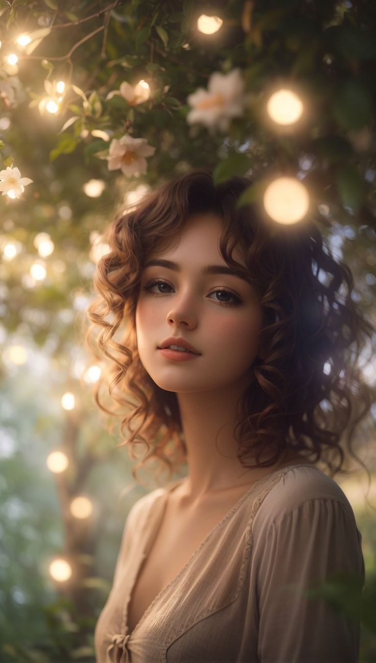 a woman with curly hair standing under a tree filled with white flowers and light bulbs