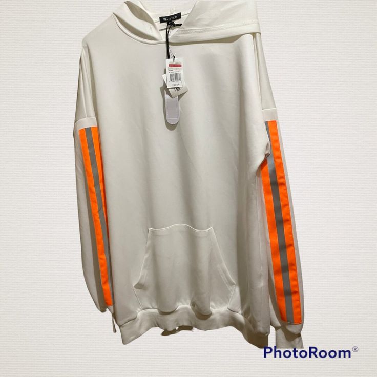 Waisted Collection Sz M Sweatshirt Hoodie White Pullover New W/Tag Some Marks, Scuffs, Wear From Being Store Display Or On Rack Long Sleeve With Neon Orange & Reflective Stripe Pull-Over Hood Does Not Have String Scuff/Scrape On Left Rear Shoulder See Picture Pouch Pocket In Front 65% Polyester/30% Viscose/5% Elastane -Material Is More Of A Knit See Pictures White Sweater For Streetwear In Fall, White Sweater For Fall Streetwear, White Fall Sweater For Streetwear, Oversized White Sweatshirt With Ribbed Cuffs, White Hooded Sweater With Drawstring, White Long Sleeve Sweater For Streetwear, White Long Sleeve Streetwear Sweater, White Crew Neck Sweatshirt With Drawstring Hood, White Sporty Sweater With Ribbed Cuffs