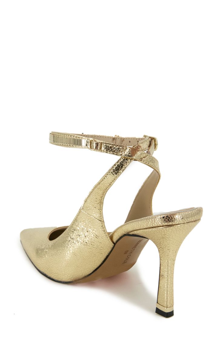 An embellished ankle strap secures this pointy-toe pump lifted on a stiletto heel. 3 1/2" heel Leather or synthetic upper/synthetic lining/rubber sole Imported Gold Pumps, Ankle Strap Pumps, Strap Pumps, Kenneth Cole, Stiletto Heel, Women's Pumps, Stiletto Heels, Ankle Strap, Rubber Sole