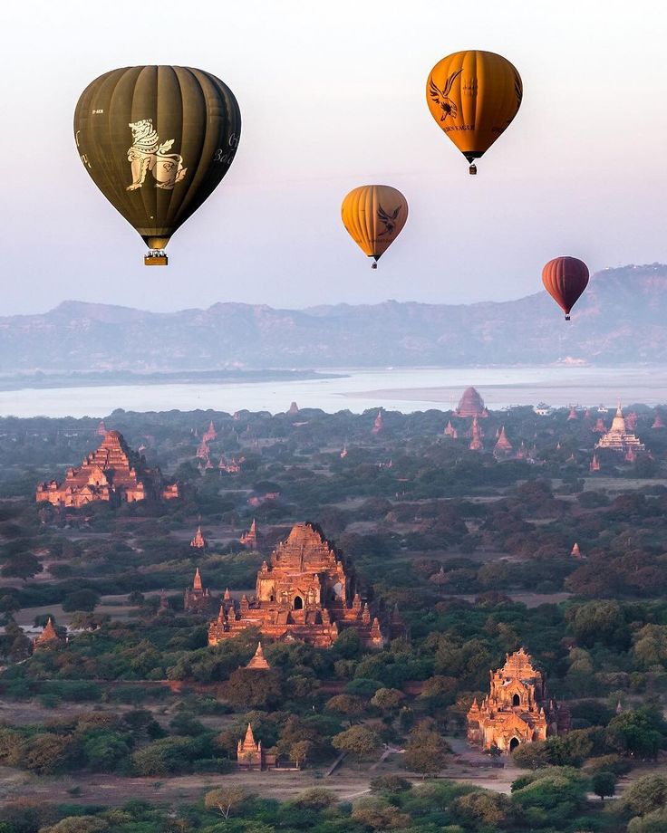 several hot air balloons flying in the sky over some trees and buildings with mountains in the background