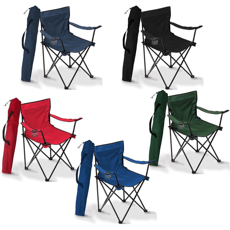 four folding chairs with different color covers on the back and sides, all side by side