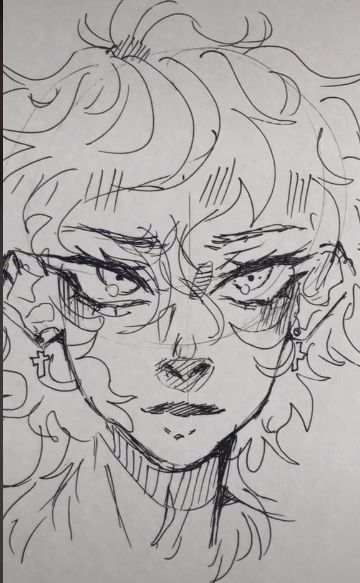 a black and white drawing of a woman's face with curly hair, eyes closed