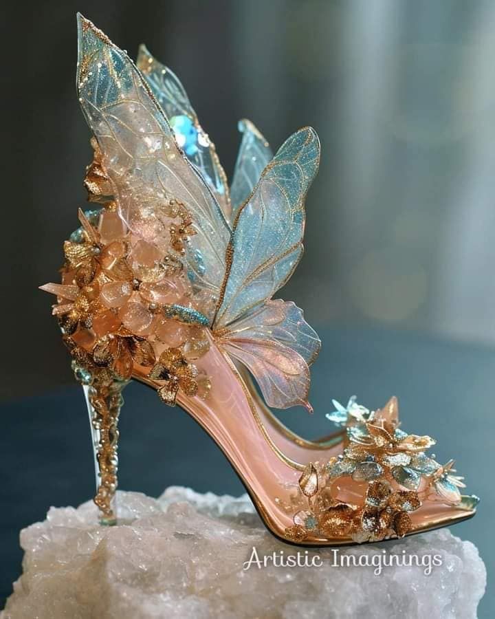 Fantasy Shoes Heels, Fairygod Mother, Ethereal Shoes, Period Drama Romance, Gala Shoes, Fairy Heels, Queen Mab, Whimsical Shoes, Pretty Wings