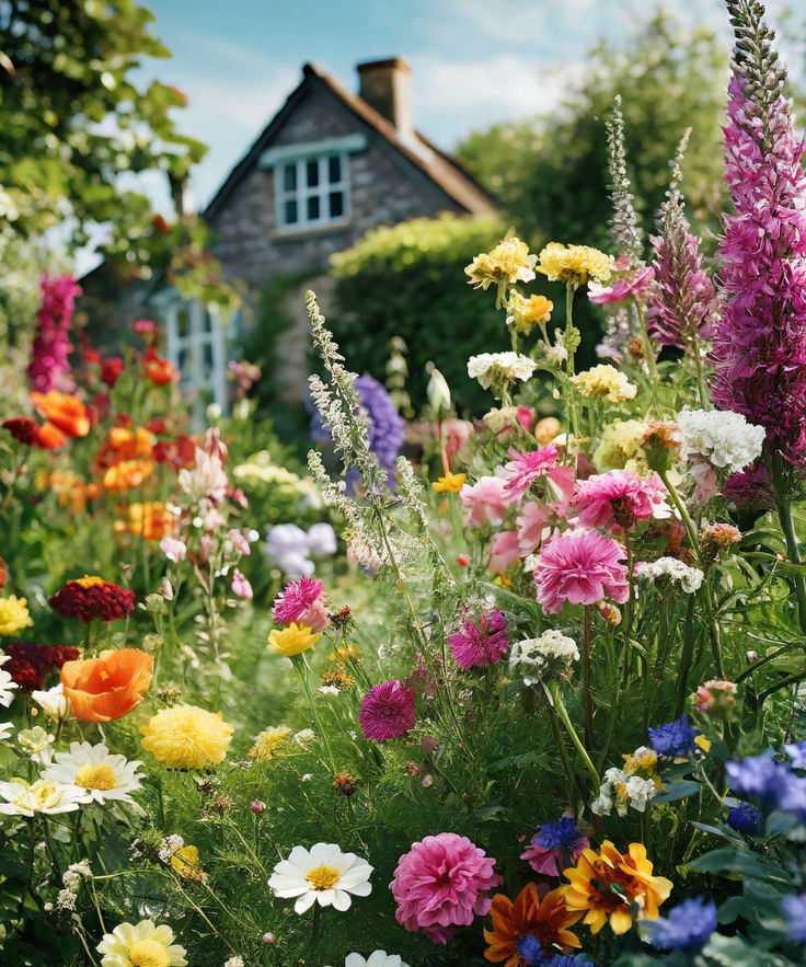 a garden with lots of different colored flowers