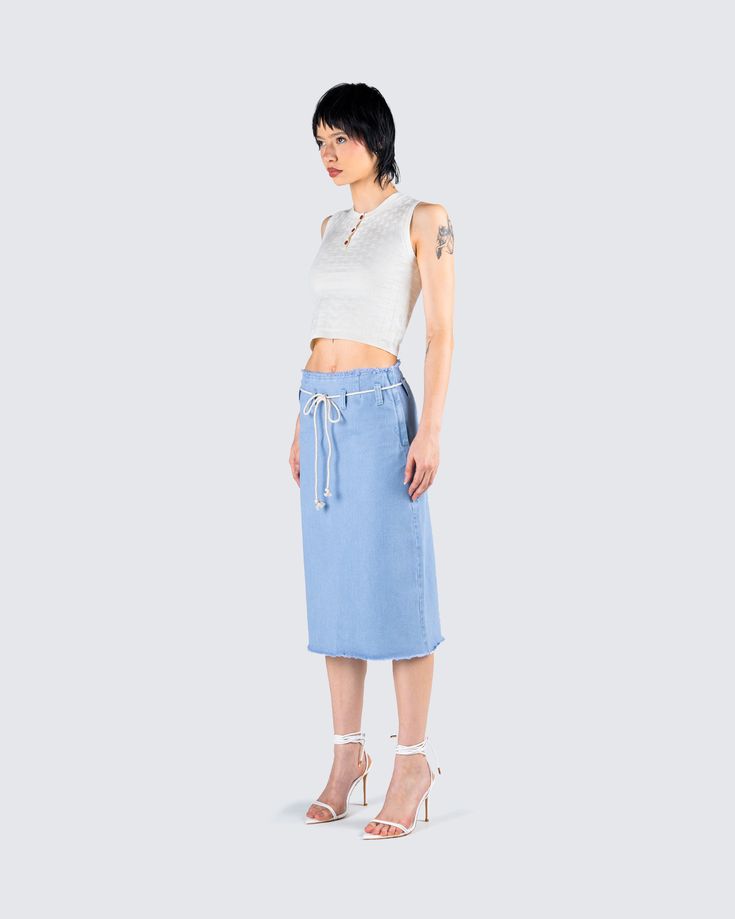 Simple, but chic 👏 Pairing an ivory sweater pattern top with a blue column midi denim skirt - this fit is the perfect casual everyday look to dress up or down 💙 Chic Knee-length Denim Skirt For Summer, Spring Knee-length Denim Skirt, Spring Knee-length Denim Skirt For Day Out, Chic Knee-length Denim Blue Skirt, Chic Relaxed Denim Skirt For Spring, Chic Denim Blue Knee-length Skirt, Chic White Denim Skirt For Work, Casual White Denim Skirt For Fall, Chic Midi Denim Skirt For Spring