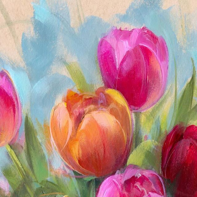 an oil painting of pink and orange tulips