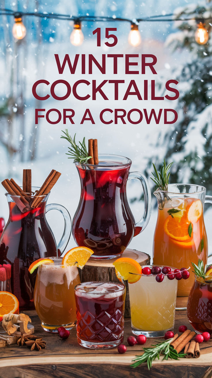 "Discover 15 Winter Cocktails for a Crowd that will elevate your holiday  gatherings! These festive drinks, perfect for Christmas and New Year's Eve,  include the best Christmas cocktails and unique homemade wine recipes. From  cozy cocktails for winter to refreshing alcoholic Christmas drinks, there's  something for everyone. Impress your guests with these holiday cocktail  recipes that are sure to be a hit at any celebration. Cheers to  unforgettable moments with Cocktails for a Crowd!" Cocktails Set Up, Boozy Drinks For A Crowd, Winter White Sangria Recipe For A Crowd, Crock Pot Drinks Holiday, Christmas Day Drinks Holiday Cocktails, Crockpot Alcoholic Drinks Holidays, Seasonal Alcoholic Drinks, Winter Themed Alcoholic Drinks, Holiday Cocktail For Large Group