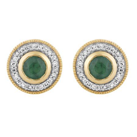 10k Gold Emerald & 1/5 Carat T.W. Diamond Milgrain Halo Stud Earrings studded with Genuine Green Emerald and Diamonds. Size: one size. Color: Metal Type. Gender: female. Age Group: adult. Green Round Earrings With Pave Setting, Classic Round Diamond Earrings For May Birthstone, Classic Round Gemstone Cluster Earrings, Classic Diamond Earrings For Anniversary, Classic Diamond Earrings For Anniversary & May Birthstone, Classic Green Earrings With Diamond Accents, Halo Stud Earrings, White Gold Sapphire, Halo Earrings Studs