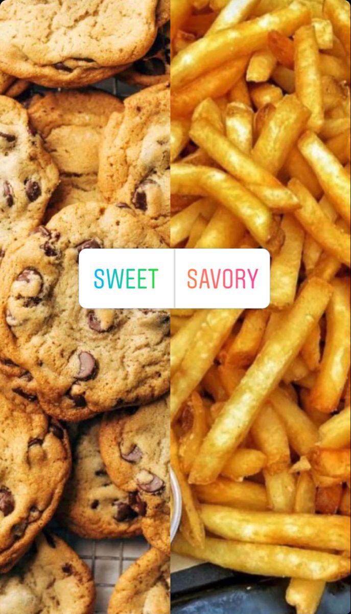 two pictures side by side, one with chocolate chip cookies and the other with french fries