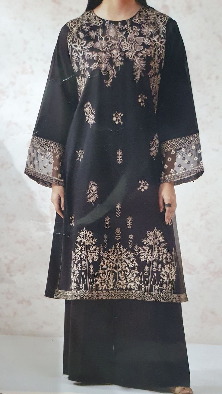 A beautiful black stylish suit with embroidered front and borders If you need the trousers or sleeve length to be longer or shorter than the standard size then order the suit and message me the adjusted lenght.  Please wash below 40C and wash separately. Winter Embroidery, Costume Noir, Kurti Sets, Stylish Suit, Black Suit, Black Suits, Own Style, Blazer Suit, Borders