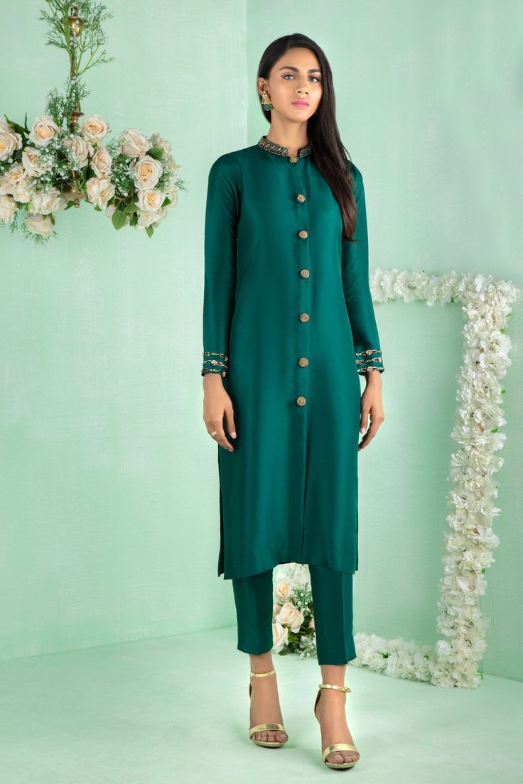 Verdant | Pakistani Designer Outfit | Sarosh Salman Eid Sherwani In Slub Silk, Unstitched Slub Silk Sherwani For Transitional Seasons, Transitional Unstitched Slub Silk Sherwani, Designer Slub Silk Kurta With Resham Embroidery, Embellished Straight Kurta For Navratri, Embellished Kurta For Navratri With Traditional Drape, Embellished Traditional Drape Kurta For Navratri, Festival Bandhgala With Dabka Work In Cotton Silk, Festival Cotton Silk Bandhgala With Dabka Work