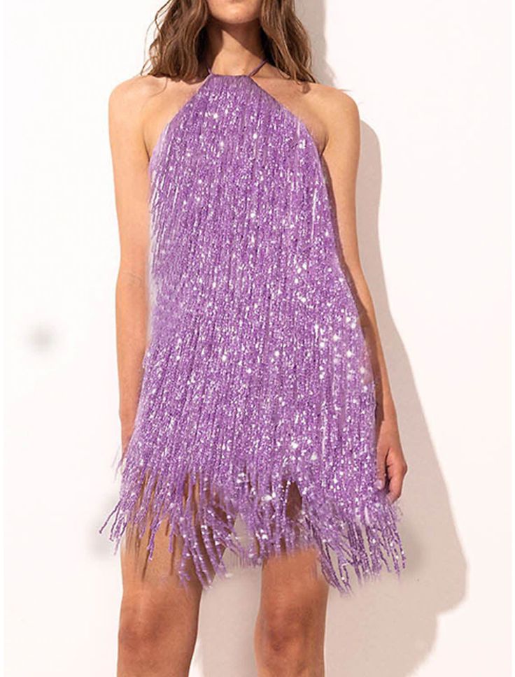 Women's Gold Sequin Dress Fringe Dress Party Dress Sparkly Dress Homecoming Dress Mini Dress Purple Sleeveless Sparkly Glitter Spring Fall Winter Halter Neck Fashion Glamorous Mini Halter Dress For Cocktail, Glamorous Halter Neck Sleeveless Dress For Party Season, Flirty Sleeveless Party Evening Dress, Sparkling Sleeveless Prom Dress, Glamorous Sparkling Sleeveless Dress, Flirty Sleeveless Evening Dress For Party Season, Glamorous Halter Neck Sleeveless Dress For Cocktail, Glamorous Halter Neck Sleeveless Party Dress, Glamorous Sleeveless Flapper Dress For Summer