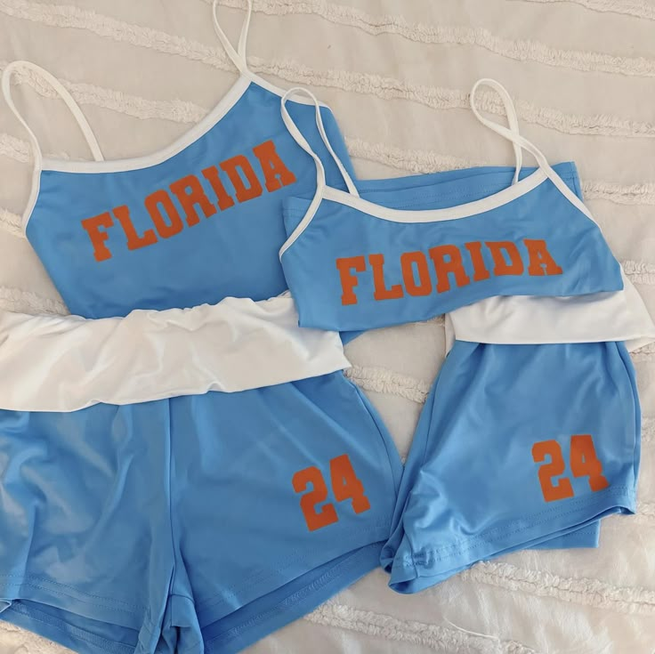 Custom, hand made set with custom writing and number Game Day Fits College Football, Blue Letter Print Sports Set, Blue Sports Sets With Letter Print, University Of Florida Gameday Outfit, Uf Gameday Outfit, Cute Football Outfits For Women, Axo Merch, Cute Football Outfit, Uf Game Day