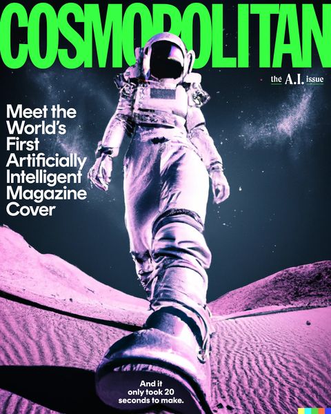 a magazine cover with an astronaut walking on the moon in outer space and text reading, cosmopolitan meet the world's first artificial intelligent magazine cover