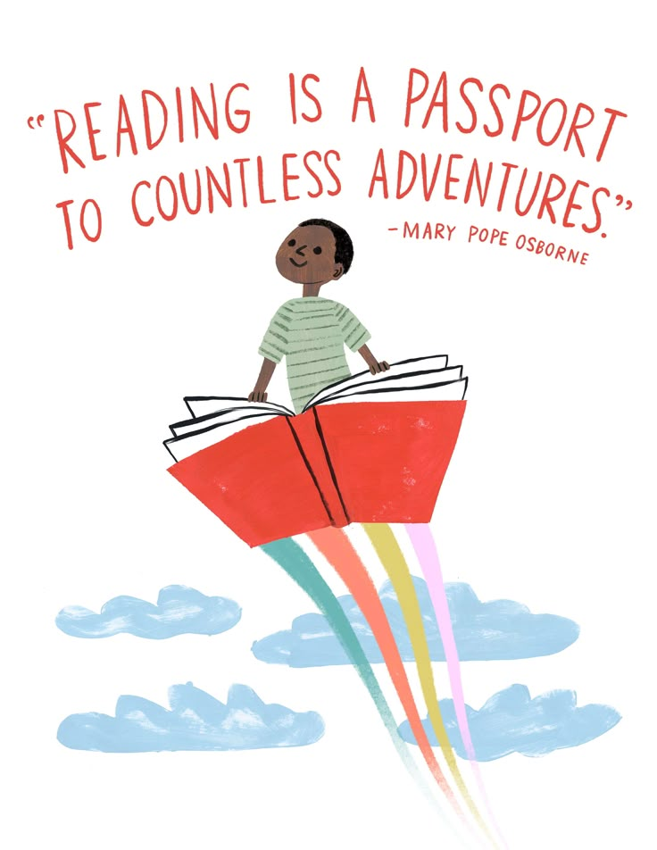 a child is flying through the air with a book in his hand and reading is a passport to countless adventures