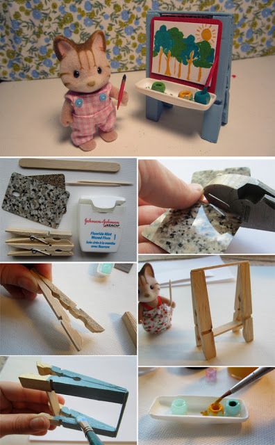 there are many pictures of different things made out of wood and plastic materials, such as clothes pins