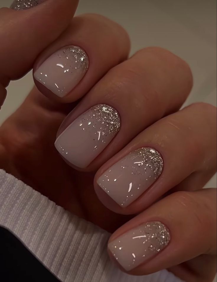 New Year Nails Square Short, Sparkle Cuticle Nails, Anc French Manicure, Glitter On Cuticle Nails, Bride Dip Nails Wedding, Simple Classy Winter Nails, Bridal Nails Wedding Sparkle, Classy Sparkle Nails, French Manicure Nails With Glitter