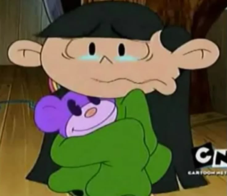 a cartoon character holding a purple teddy bear