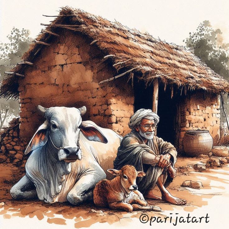 an old man sitting next to a cow and dog in front of a mud hut