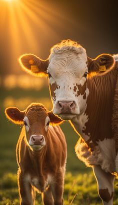 two brown and white cows standing next to each other on a lush green field at sunset