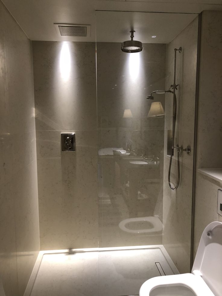 a white toilet sitting next to a walk in shower