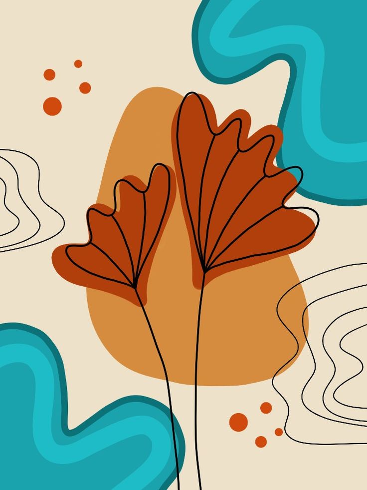 an orange and blue flower on a beige background with swirls in the bottom right corner