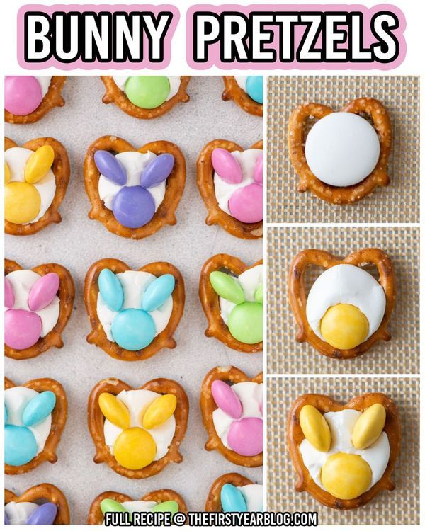 some bunny pretzels are decorated with icing