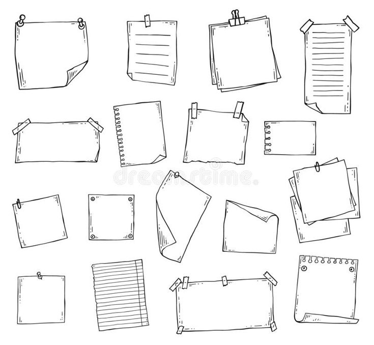 a set of various paper notes with pins and thumbnails attached to each one