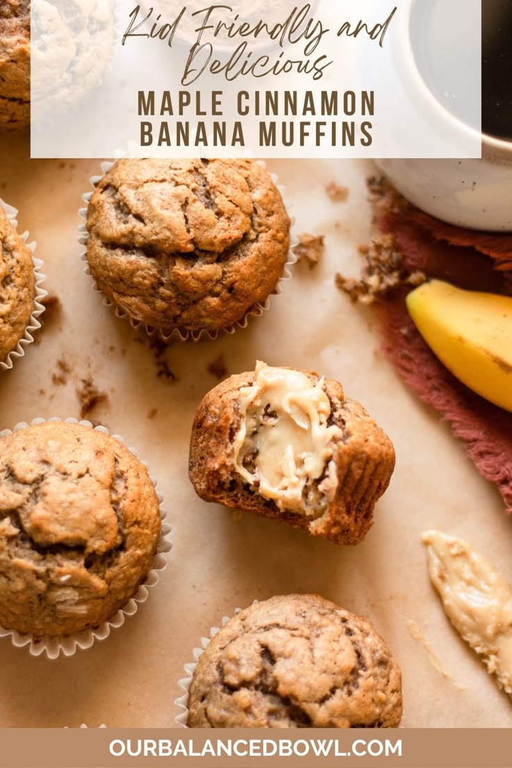 photo of baked banana muffins, one with a bite taken out and maple butter on top Best Easy Banana Bread, Cinnamon Banana Muffins, Banana Cinnamon Muffins, Healthy Banana Muffins, Banana Muffin Recipe, Banana Bread Muffins, Cinnamon Muffins, Easy Banana Bread Recipe, Cinnamon Banana