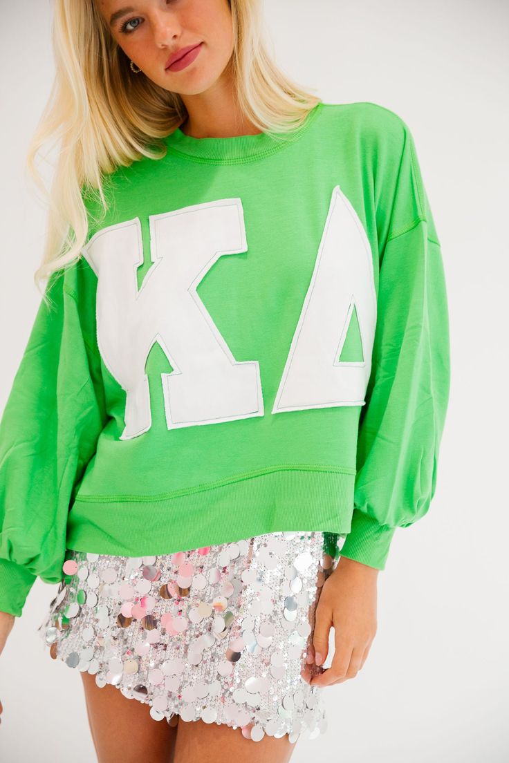 KAPPA DELTA GREEN LETTERS PULLOVER Judith March Kappa Delta Graphic, Unique Bid Day Themes, Delta Green, Green Letters, Sorority Shirt Designs, Alpha Gam, Sorority Letters, Sorority Shirt, Big Lil