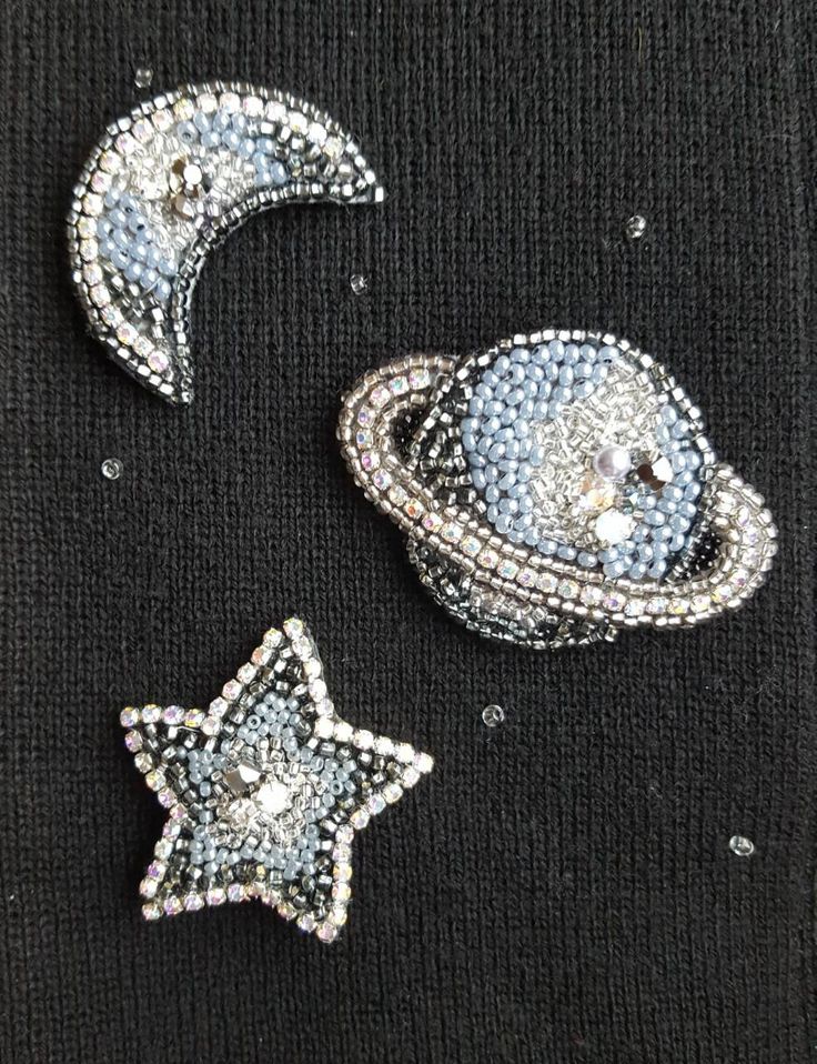 three pieces of sequinized fabric with stars and planets on them