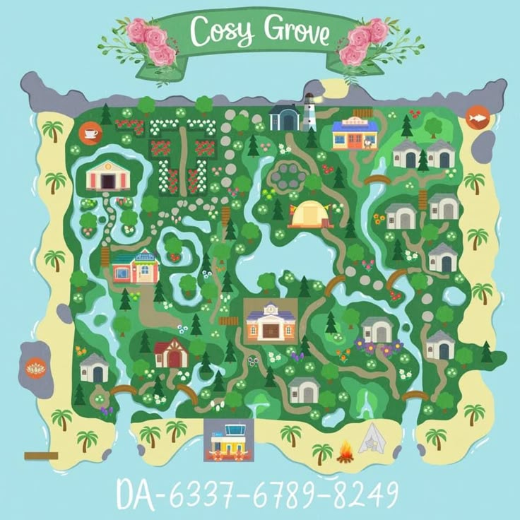 a map with the words cosy grove on it and an image of a park