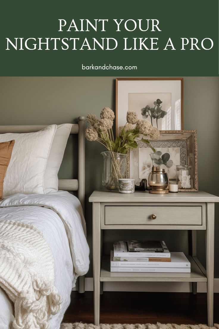 a bedroom with green walls and white bedding is featured in the article paint your nightstand like a pro