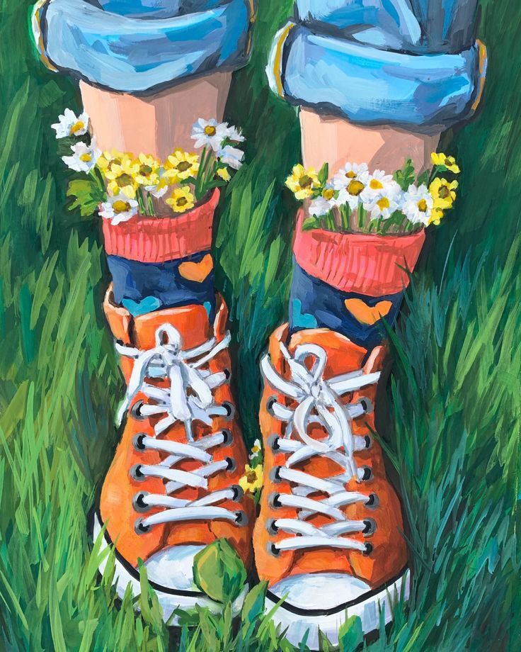 a painting of someone's feet with flowers in their boots on the grass,